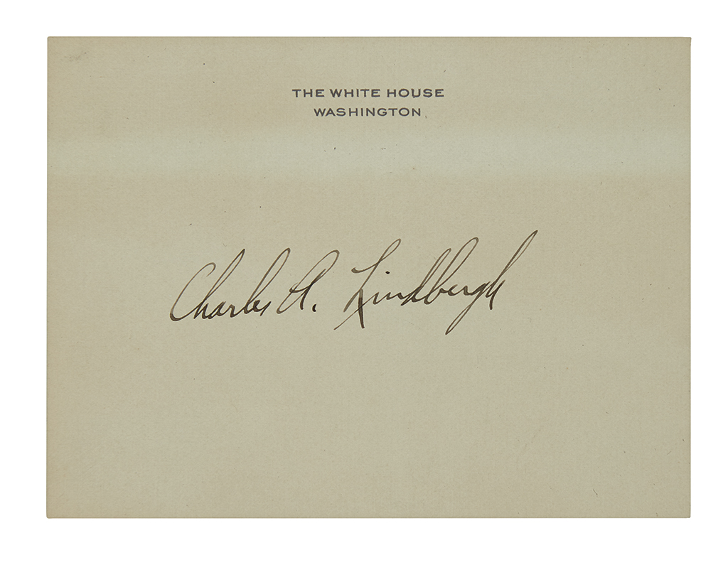 LINDBERGH, CHARLES A. Signature, on a White House card.